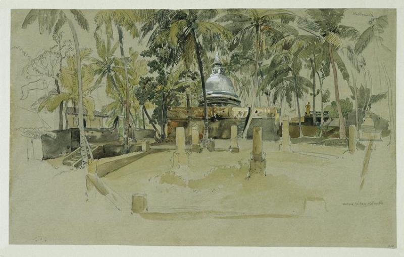 Joseph Selleny | Buddhistischer Tempel auf Ceylon (Sri Lanka) | Displayed motifs: Palm tree, Tree, Latin cross, White dove, 
