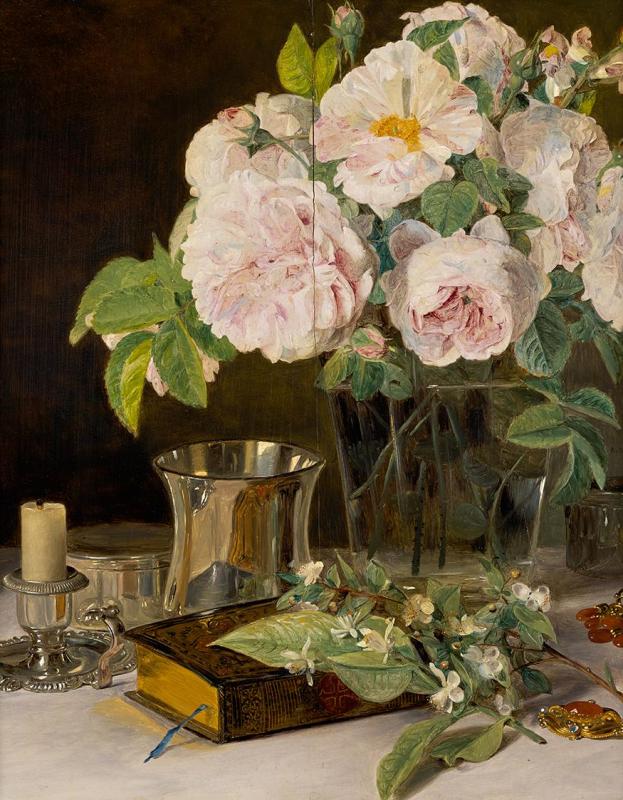 Ferdinand Georg Waldmüller | Rosen im Glas | Displayed motifs: Rose, Flower, White dove, Veil, Angel, Houseplant, Coat of arms, 