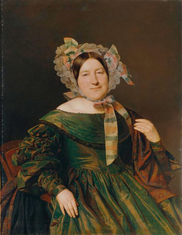 Ferdinand Georg Waldmüller | Frau in grünem, lachsrot changierendem Kleid | Displayed motifs: Human face, Woman, Fashion accessory, Clothing, Halo, Veil, 
