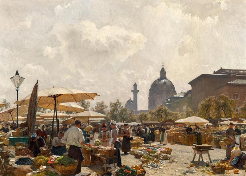 Carl Moll | Der Naschmarkt in Wien | Displayed motifs: White dove, Tree, Person, Clothing, Umbrella, Man, Table, 