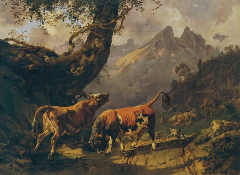 Johann Nepomuk Rauch | Stier, eine Kuh verfolgend, im Hintergrund Landschaft bei Carrara | Displayed motifs: Bull, Tree, White dove, Animal, Dog, Carnivore, 