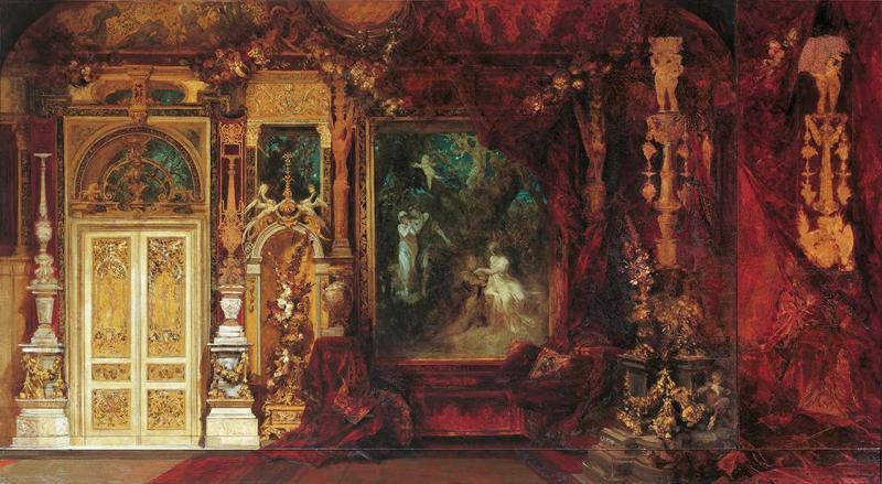 Hans Makart | Dekorationsentwurf für das Schlafzimmer Kaiserin Elisabeths in der Hermesvilla (Mittelszene: Ein Sommernachtstraum) | Displayed motifs: Door, Building, Furniture, Bed, Person, 