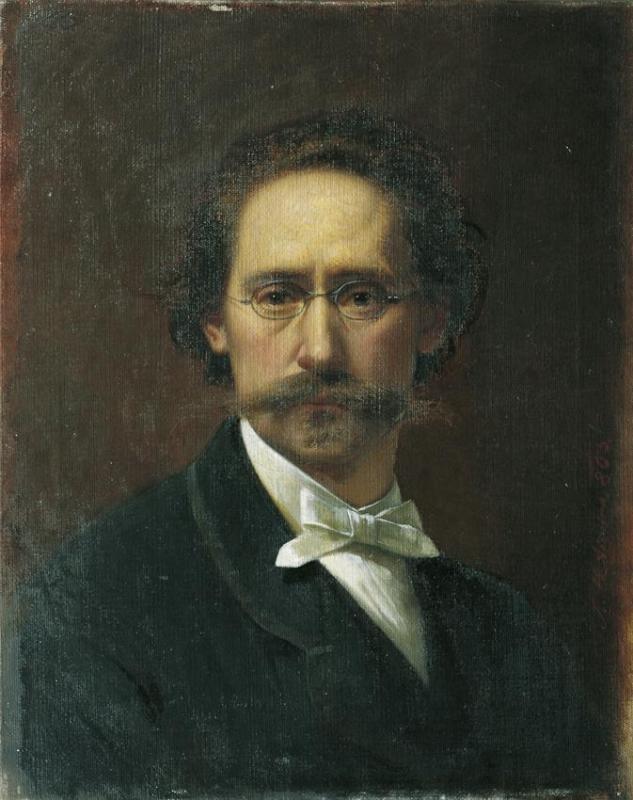 Josef Matthäus Aigner | Selbstporträt | Displayed motifs: Human face, Man, Halo, Glasses, Clothing, Suit, Tie, 