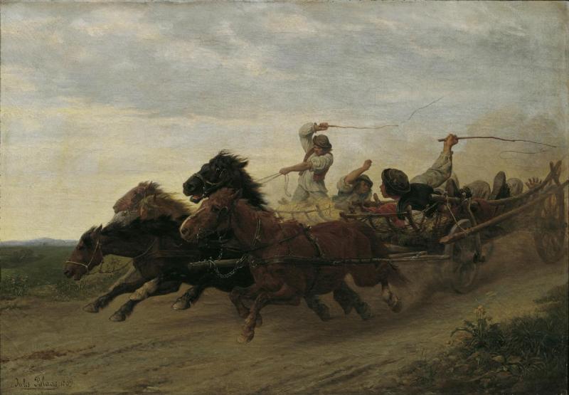 Julius von Blaas d. Ä. | Wettfahrt betrunkener slowakischer Bauern | Displayed motifs: Cart, Latin cross, Horse, Bull, Person, Animal, Wheel, 