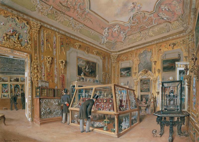 Carl Goebel d. J. | Das Goldkabinett | Displayed motifs: Building, Person, Furniture, Table, Clothing, Camel, Coat of arms, 