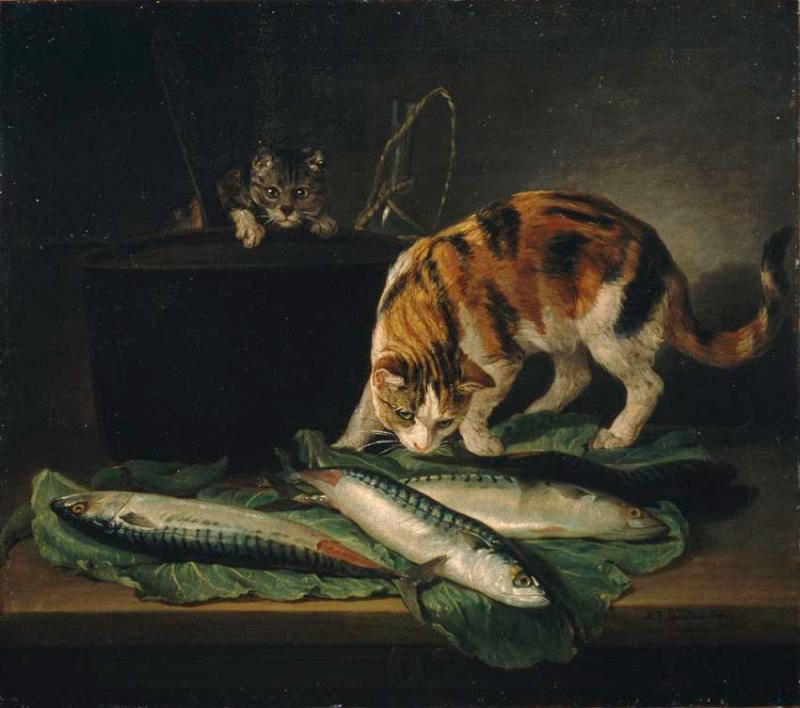 Martin Ferdinand Quadal | Katzen und Fische | Displayed motifs: Cat, Fish, Putto, Seafood, 