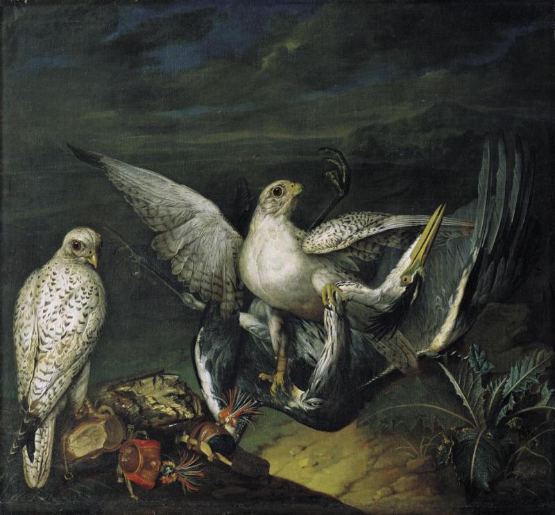 Philipp Ferdinand de Hamilton | Weiße Jagdfalken mit einem Fischreiher | Displayed motifs: Bird, Falcon, Angel, Plant, 