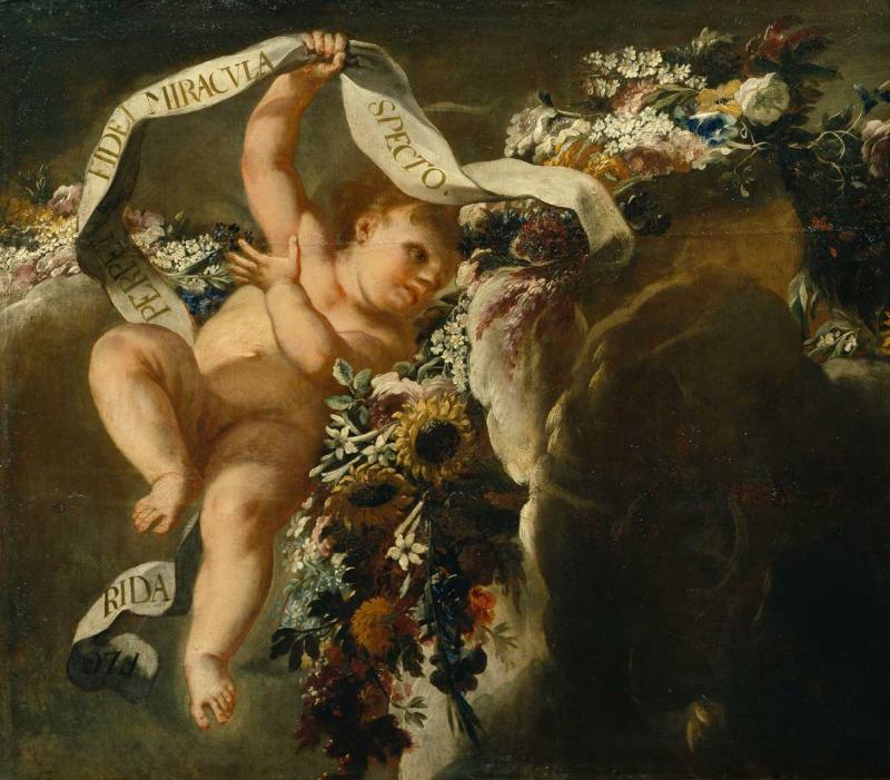 Peter Strudel | Putto mit Blumengewinde und Spruchband | Displayed motifs: Human face, Putto, Person, Sunflower, Flower, Man, Footwear, 