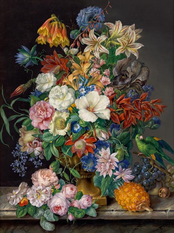 Franz Xaver Petter | Blumenstück mit Ananas, Weintrauben und Papagei | Displayed motifs: White dove, Parrot, Flower, Houseplant, Rose, Flowerpot, Food, 