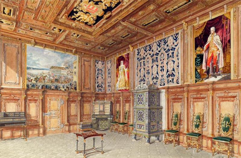 Sotira | Der Krönungssaal in Schloss Laxenburg bei Wien | Displayed motifs: Building, Furniture, Table, Person, Clothing, Woman, 