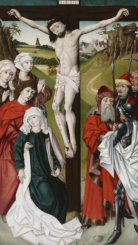 Meister des Schottenaltars (Werkstatt) | Kreuzigung Christi | Displayed motifs: Thorn crown, Wound, Veil, Crucifixion, Human face, Clothing, Woman, 