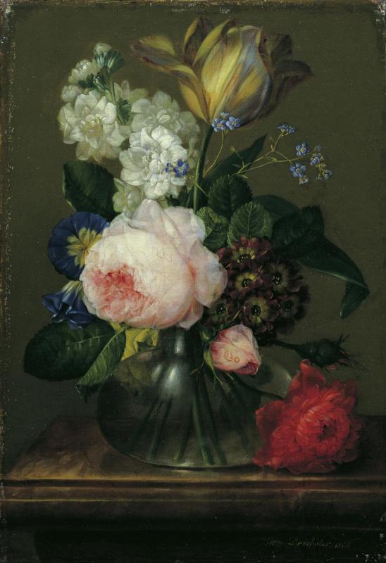 Johann Baptist Drechsler | Kleines Blumenstillleben | Displayed motifs: Rose, Flower, Angel, Vase, Houseplant, 