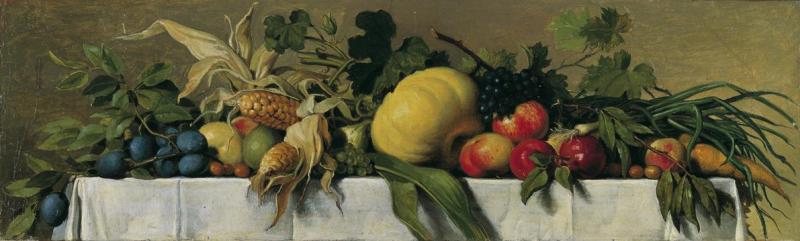 Johann Peter Krafft | Stillleben mit Obst und Gemüse auf weißem Tischtuch | Displayed motifs: Pumpkin, Apple, Flower, Fruit, 