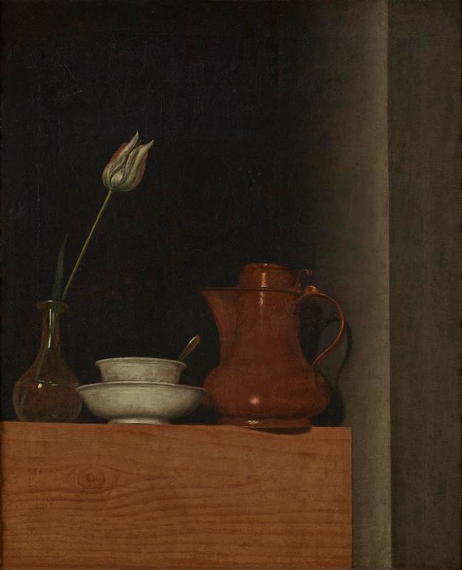 Anna Maria Punz | Stillleben mit Krug und Tulpe | Displayed motifs: Jug, Coat of arms, Pitcher, Furniture, Tableware, Vase, 