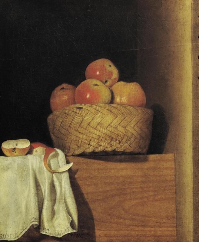 Anna Maria Punz | Stillleben mit Apfelkorb | Displayed motifs: Clothing, Fruit, Pumpkin, Peach, Apple, 