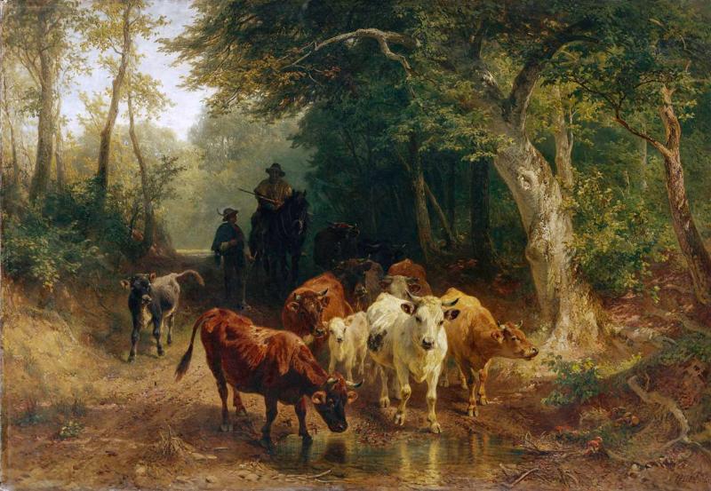 Johann Friedrich Voltz | Heimkehr der Rinderherde im Herbst | Displayed motifs: Cattle, Tree, Person, Goat, Dog, 