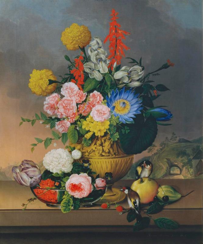 Johann Knapp | Stillleben mit Blumenstrauß | Displayed motifs: Flower, Rose, Maple, Houseplant, Bird, 