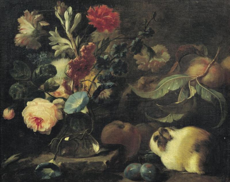 Franz Werner Tamm | Stillleben mit Meerschweinchen, Blumen und Früchten | Displayed motifs: Rose, White dove, Flower, Halo, Apple, Animal, 