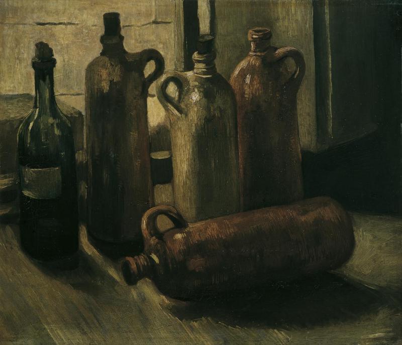 Vincent van Gogh | Stillleben mit fünf Flaschen | Displayed motifs: Bottle, Animal, 