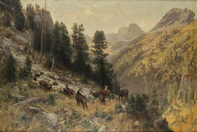 Julius Arthur Thiele | Herbst im Hochgebirge | Displayed motifs: Tree, Deer, Animal, Plant, 