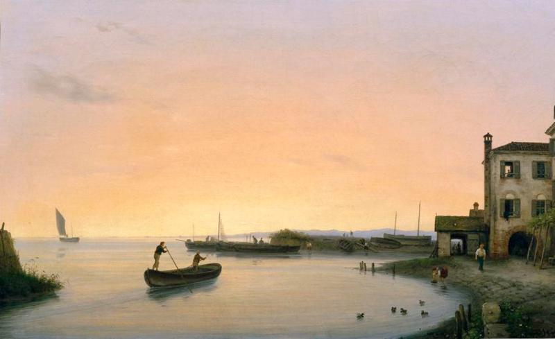 Giuseppe Canella d. J. | Chioggia vor Sonnenaufgang | Displayed motifs: Boat, Tree, Building, House, Halo, Window, 