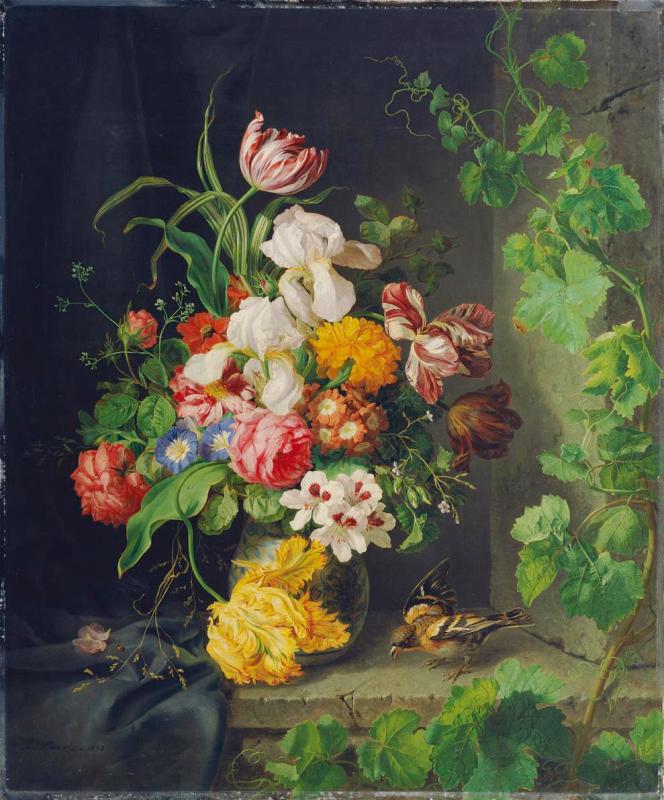 Josef Lauer | Blumenstillleben mit Spatz und Weinranke | Displayed motifs: Sparrow, Rose, Flower, Veil, White dove, Coat of arms, Houseplant, 