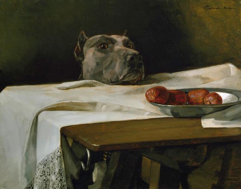 Wilhelm Trübner | Caesar am Rubicon | Displayed motifs: Table, Animal, Food, 
