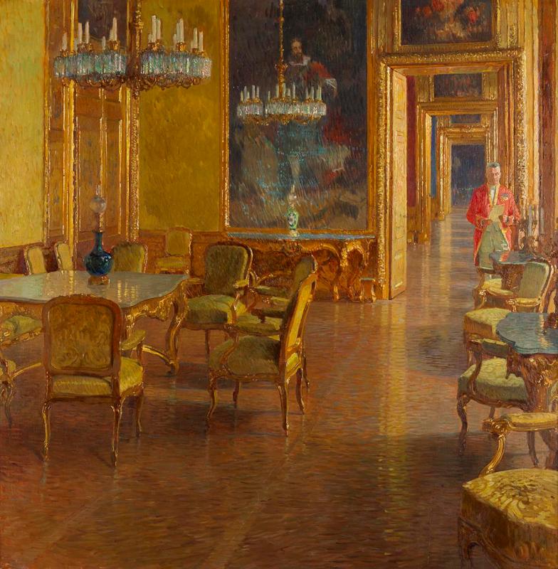 Carl Moll | Interieur im Winterpalais des Prinzen Eugen von Savoyen in der Himmelpfortgasse | Displayed motifs: Chair, Table, Clothing, Person, Building, Kitchen & dining room table, 