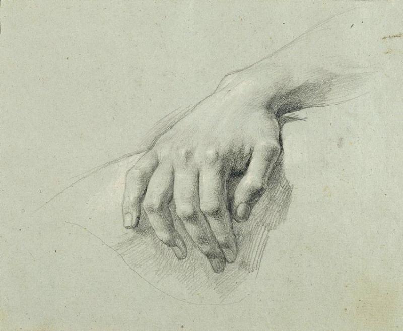 Johann Peter Krafft | Handstudie zu "Arindal und Daura" | Displayed motifs: Putto, Human hand, Animal, 