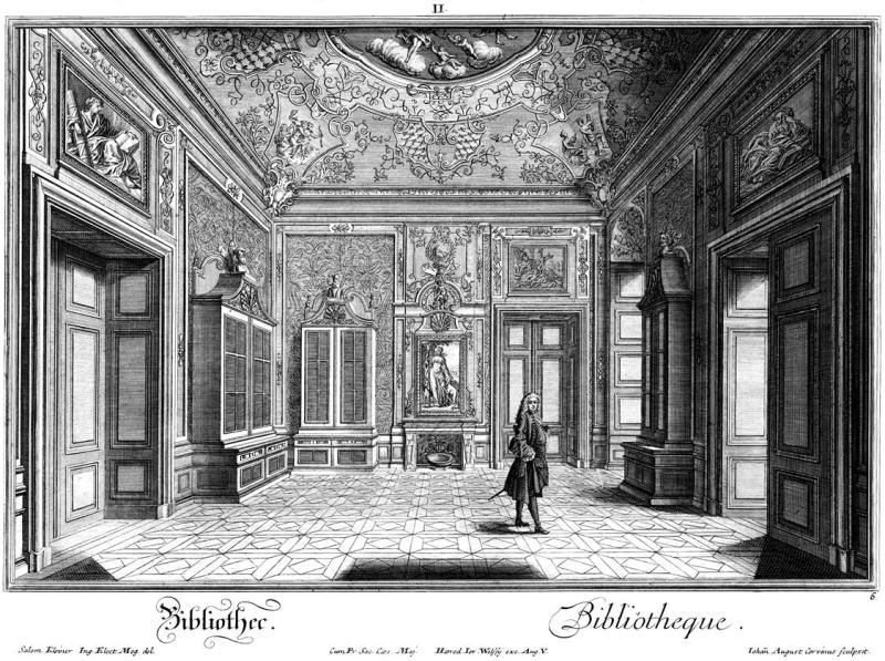 Salomon Kleiner | Bibliothek | Displayed motifs: Building, Window, Clothing, Coat of arms, Door, Woman, House, 