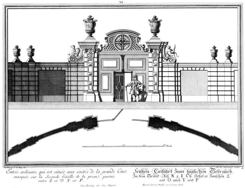 Salomon Kleiner | Grund- und Aufriss eines Seitentors zum Ehrenhof | Displayed motifs: Building, Weapon, Rifle, Window, 