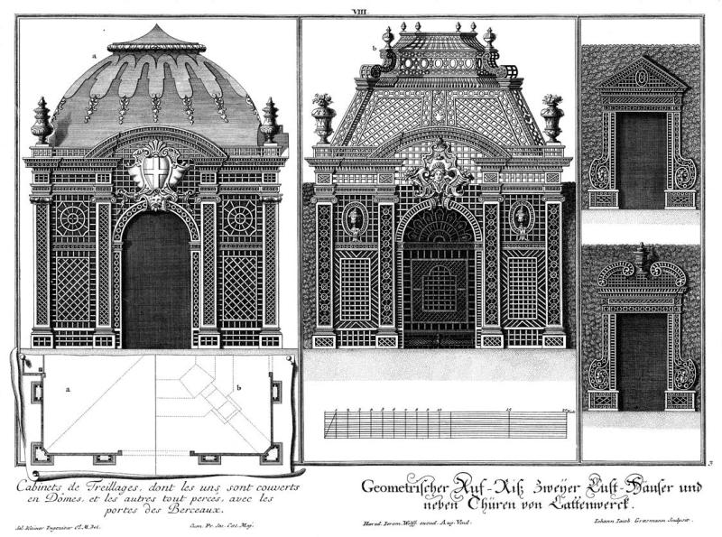 Salomon Kleiner | Aufriss zweier Pavillons aus Lattenwerk und zweier Tore des Laubenganges, Grundriss zweier Dachlösungen | Displayed motifs: Building, Door, House, Window, 