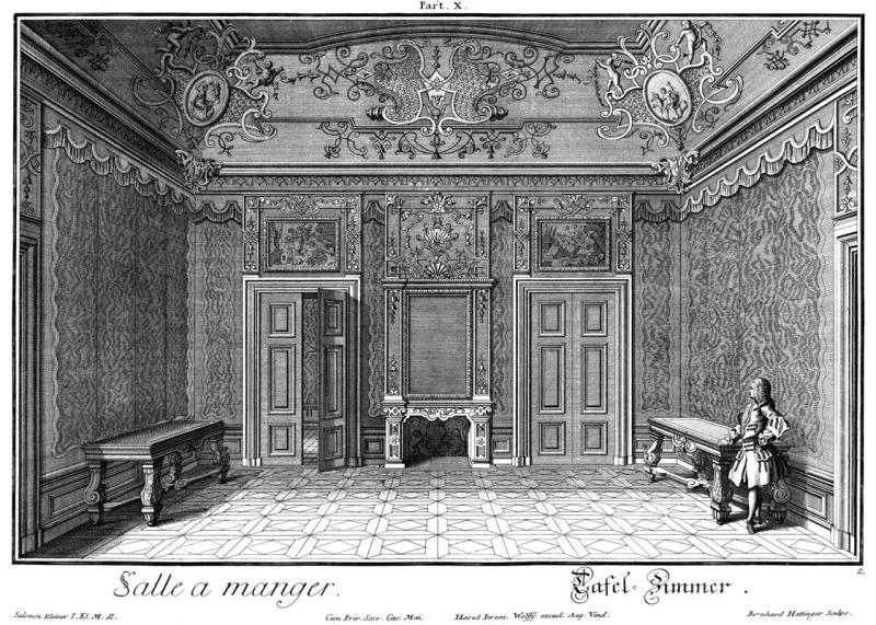 Salomon Kleiner | Speisezimmer | Displayed motifs: Coat of arms, Building, Table, Door, Clothing, Person, House, 