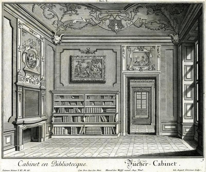 Salomon Kleiner | Bücherkabinett | Displayed motifs: Building, Door, Coat of arms, Shelf, House, Bookcase, Window, 