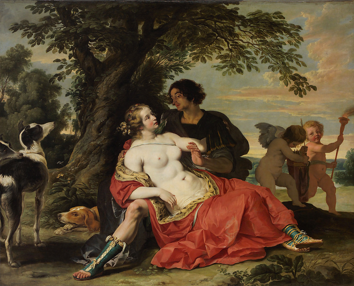 Abraham Janssen | Venus and Adonis | Displayed motifs: Goat, Madonna, Putto, Woman, Boy, Human face, Dog, 
