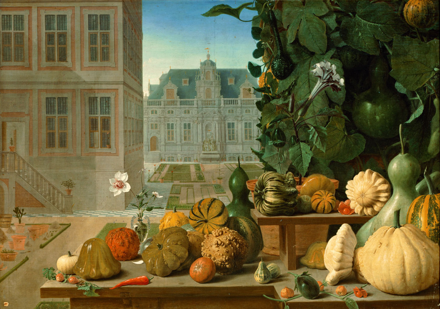 Jan Anton van der Baren | Stilleben mit Kürbissen | Displayed motifs: Flower, Pumpkin, Building, Food, Watermelon, Window, Vegetable, 