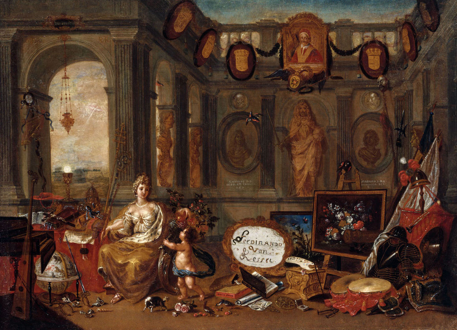 Ferdinand van Kessel | Europa | Displayed motifs: Coat of arms, Building, Person, Clothing, Madonna, Woman, Crucifixion, 