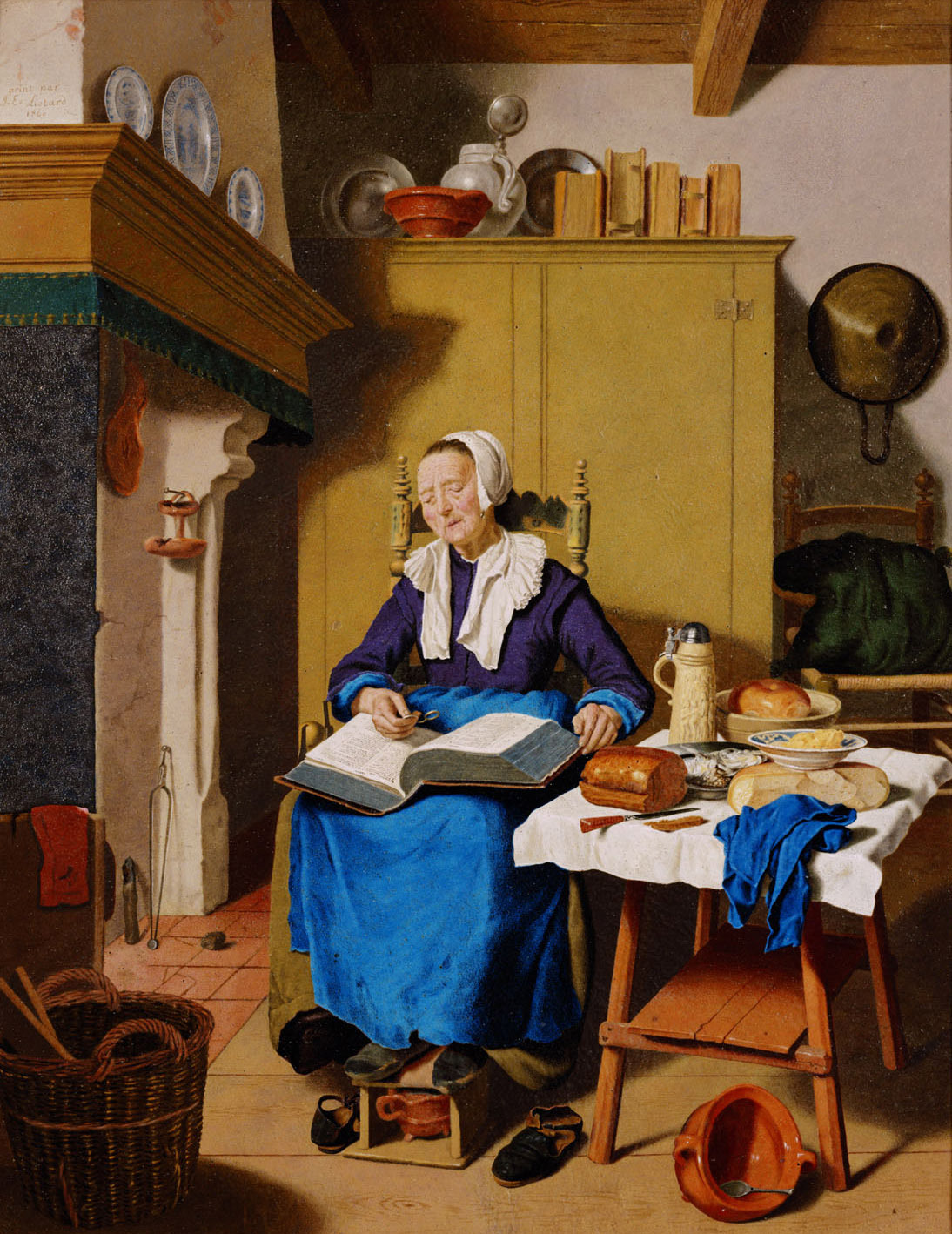 Jean Etienne Liotard | Alte Frau | Displayed motifs: Table, Picnic basket, Clothing, Person, Madonna, Footwear, Coat of arms, 