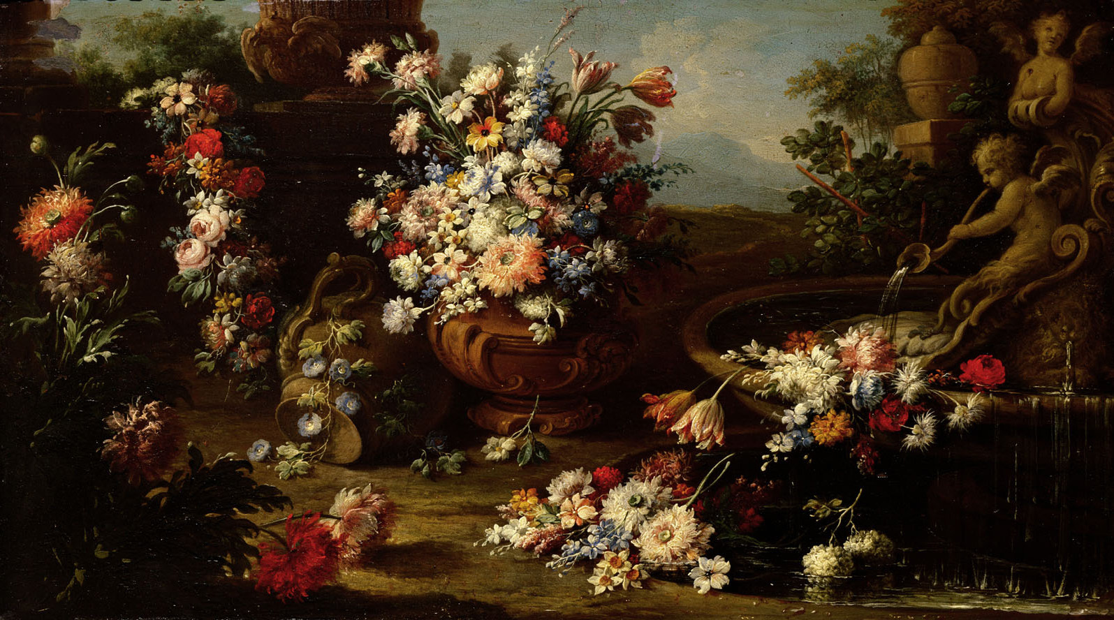 Gaspare Lopez | Blumen mit Parklandschaft | Displayed motifs: Flowerpot, Flower, Person, Putto, Plant, Houseplant, Human face, 