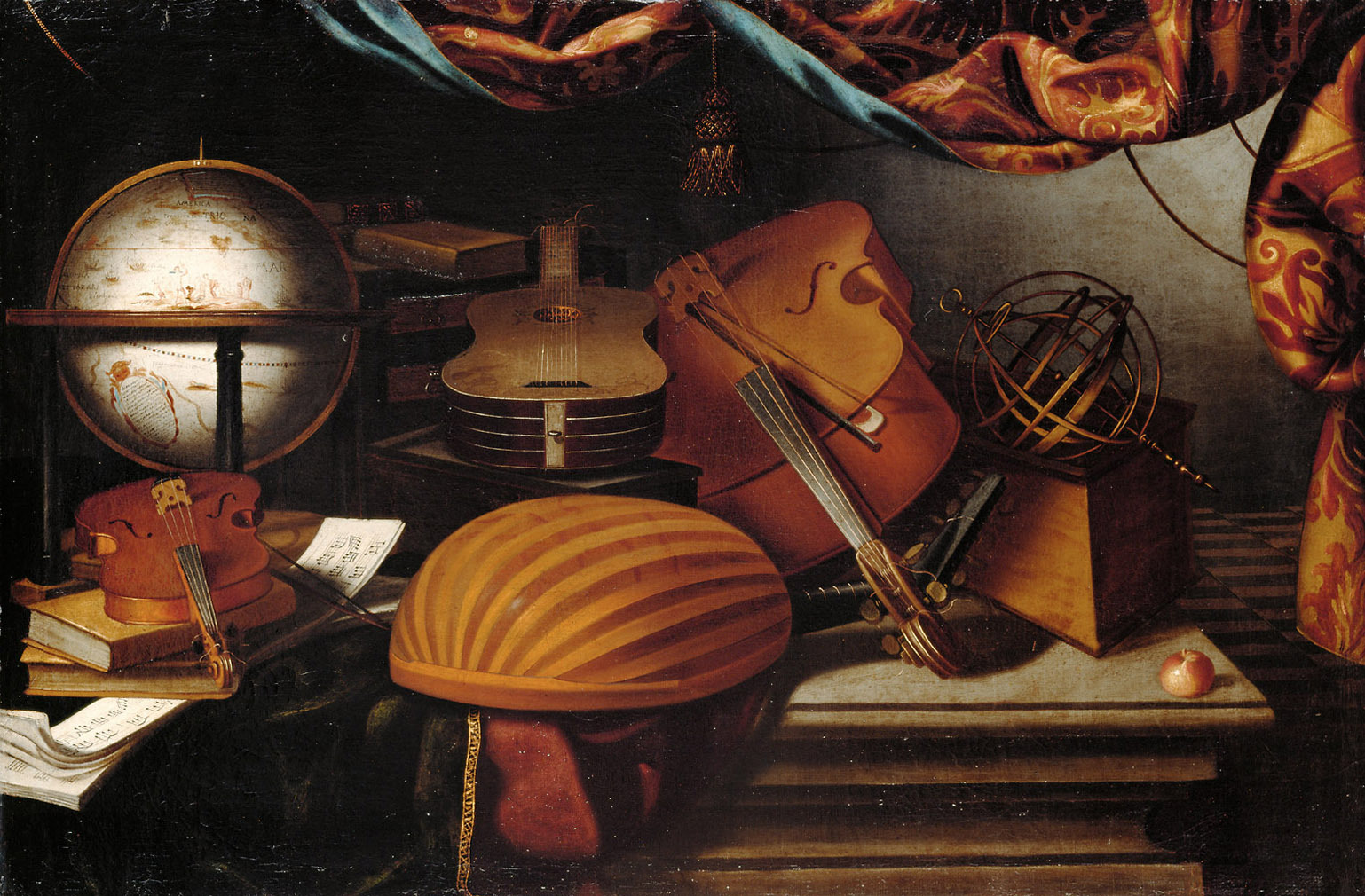 Evaristo Baschenis | Stilleben mit Musikinstrumenten, Globus und Armillarsphäre | Displayed motifs: Table, Coat of arms, Musical instrument, Food, 