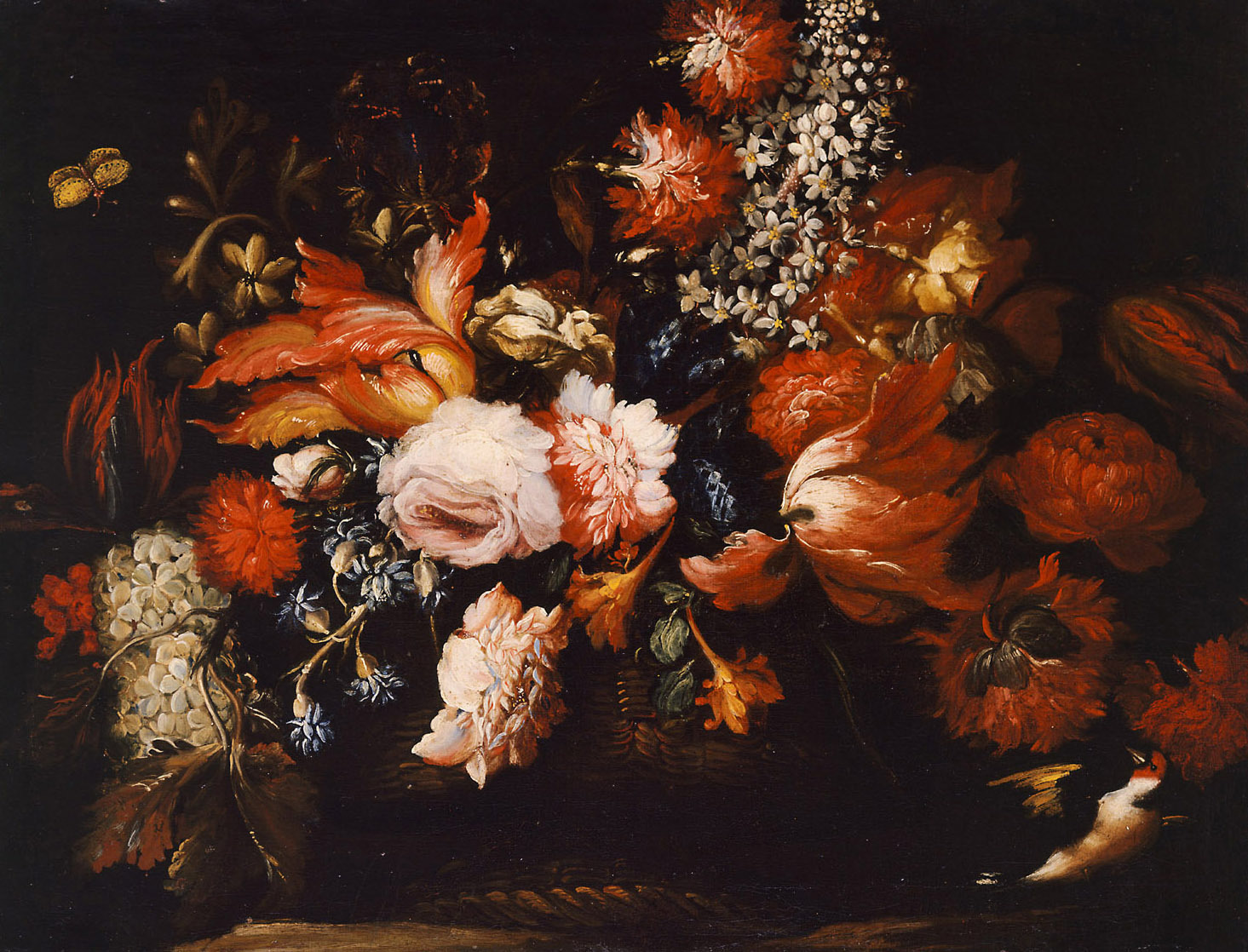 Elisabetta Marchioni | Blumenkorb mit Stieglitz | Displayed motifs: Flower, Rose, Sunflower, Bird, 