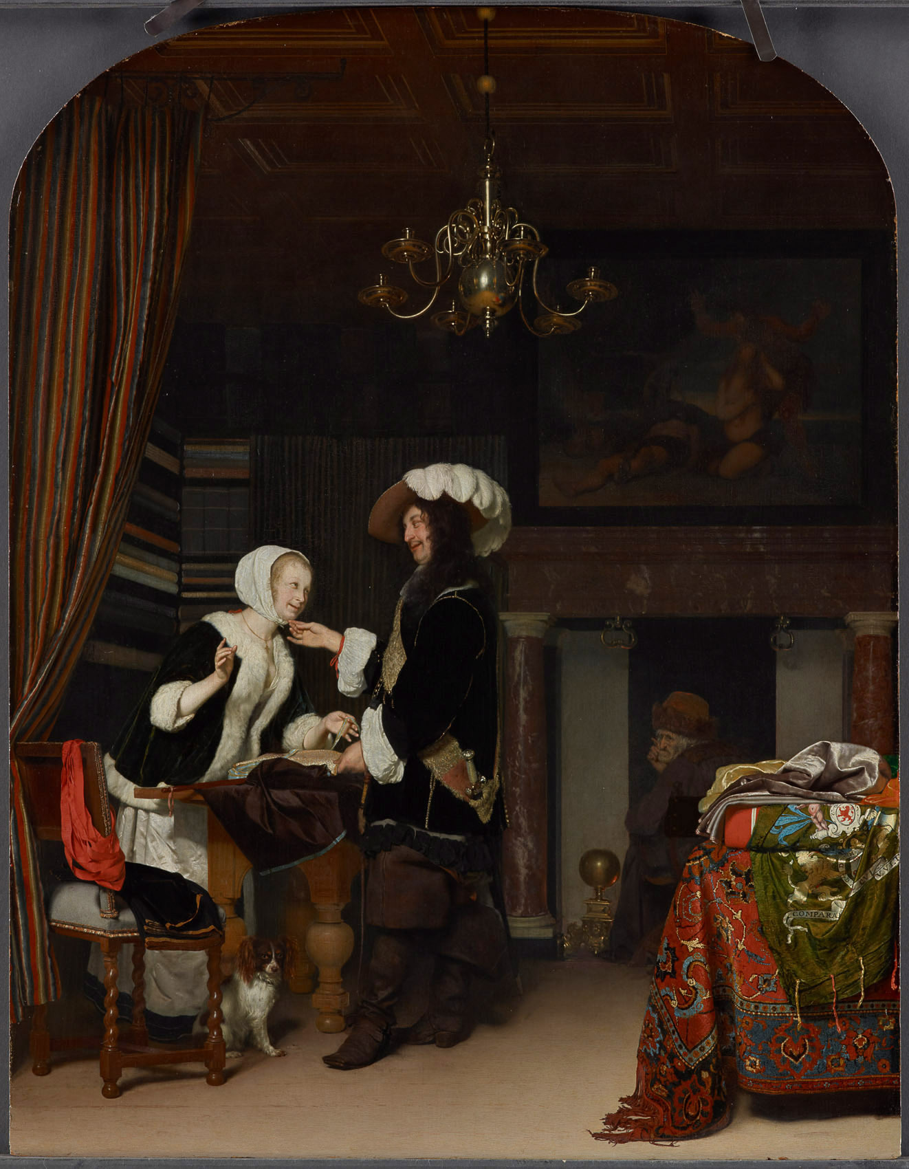 Frans van Mieris d. Ä. | Cavalier in the Shop | Displayed motifs: Veil, Curtain, Woman, Clothing, Human face, Man, 