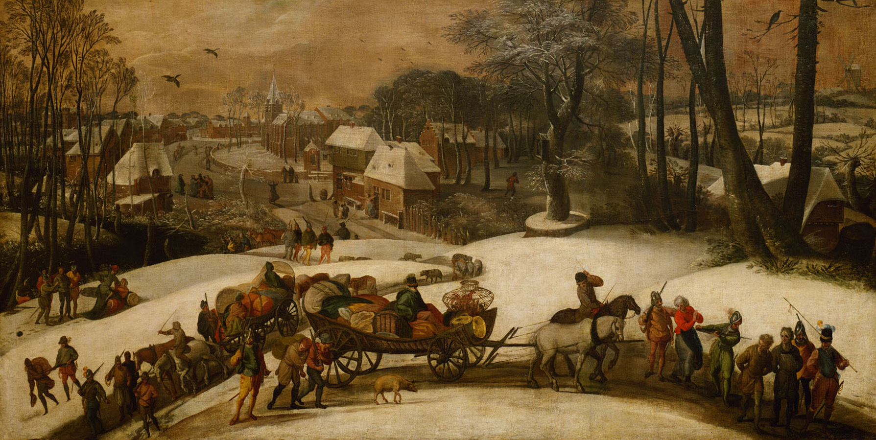 Gillis I. Mostaert | Kriegszug im Winter | Displayed motifs: Cart, Person, Horse, Tree, Wheel, Latin cross, Animal, 