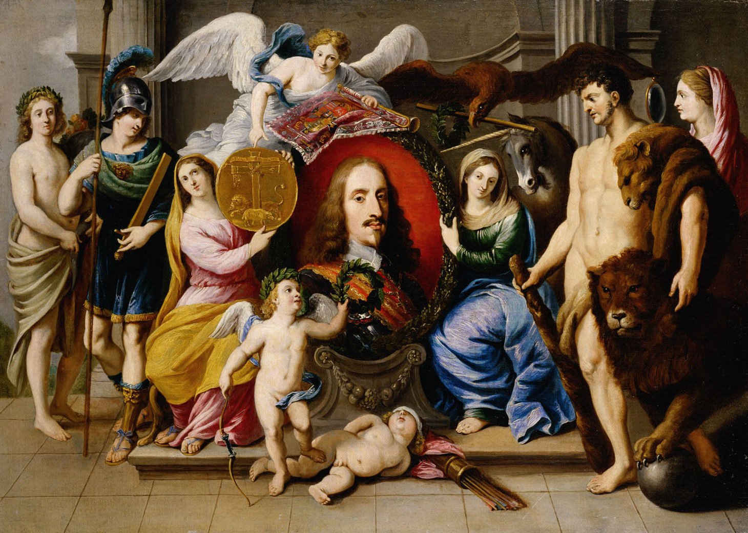 Jan van den Hoecke | Allegory on Archduke Leopold Wilhelm | Displayed motifs: Madonna, Dog, Angel, Veil, Human face, Woman, Putto, 