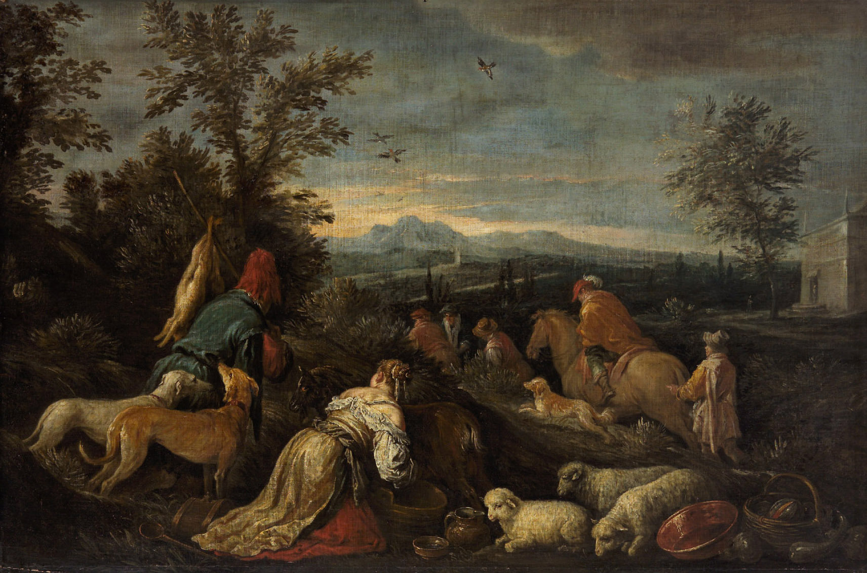 Francesco da Ponte | Jagd | Displayed motifs: Tree, Sheep, Person, Kite, Clothing, Woman, 