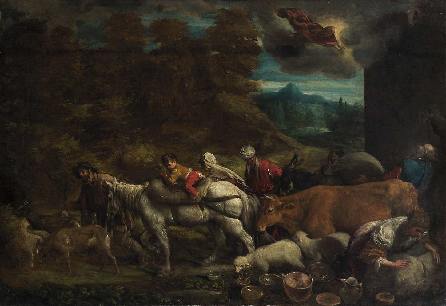 Gerolamo da Ponte | Aufbruch Abrahams ins gelobte Land | Displayed motifs: Person, Bull, Angel, Cattle, Animal, Clothing, 