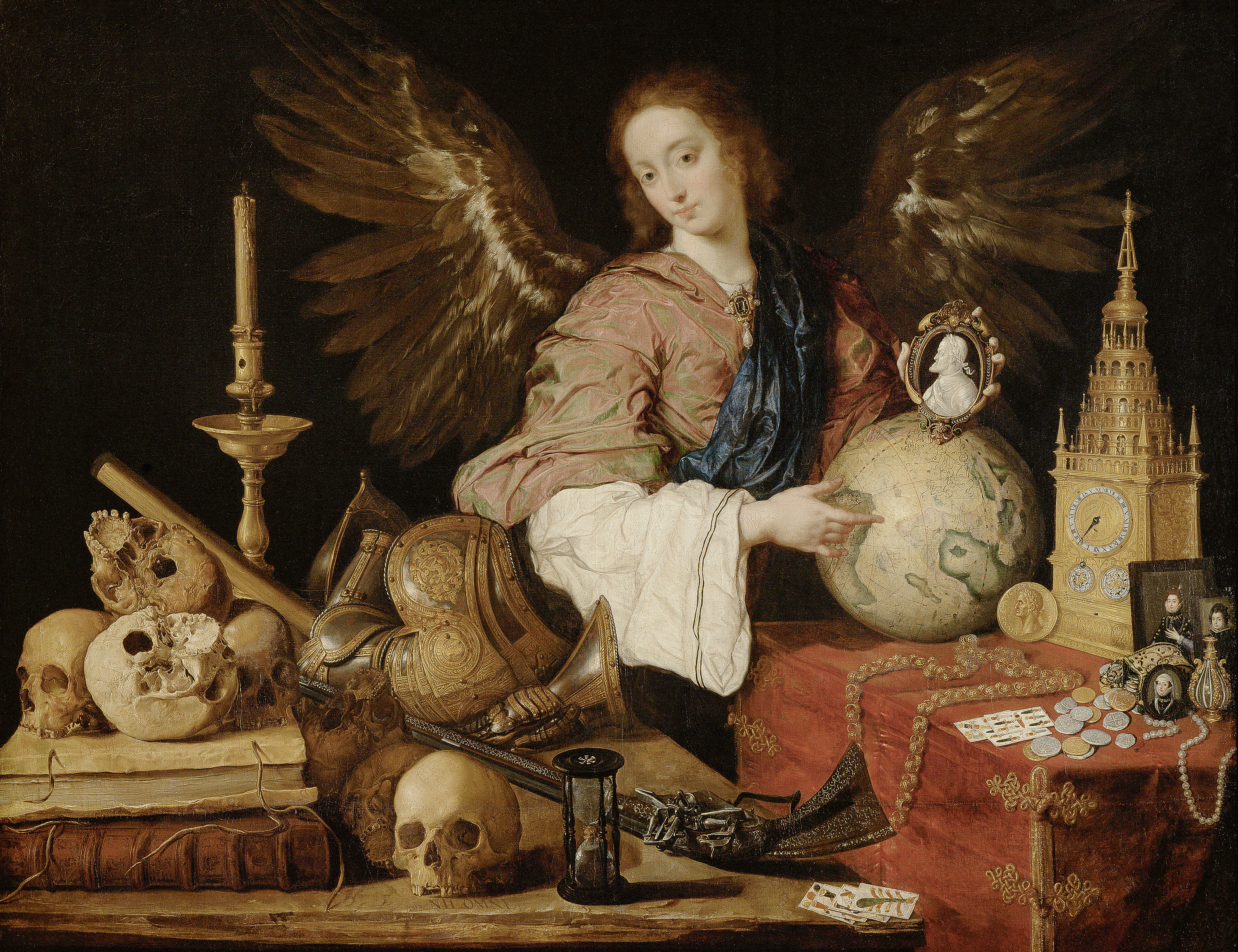 Antonio de Pereda y Salgado | Allegory of Vanitas | Displayed motifs: Angel, Skull, Human face, Clothing, Veil, Latin cross, Woman, 