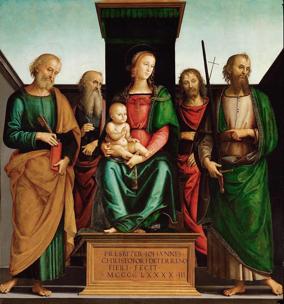Pietro Vannucci | Mary with Child and Four Saints | Displayed motifs: Madonna, Halo, Clothing, Woman, Human face, Person, 