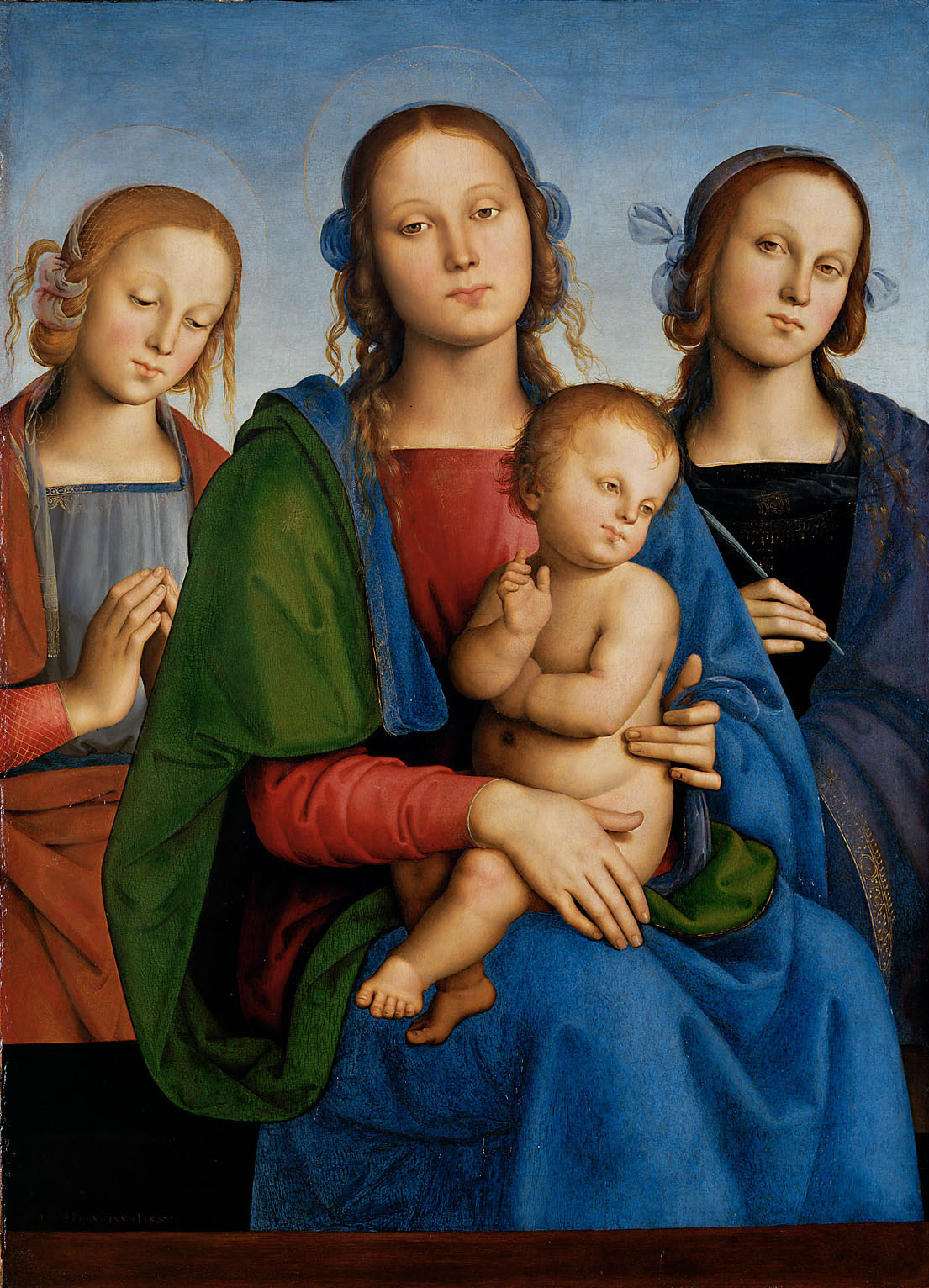 Pietro Vannucci | Mary with Child and Saints Rosa (?) and Catharine (?) | Displayed motifs: Halo, Madonna, Human face, Boy, Girl, Woman, Clothing, 