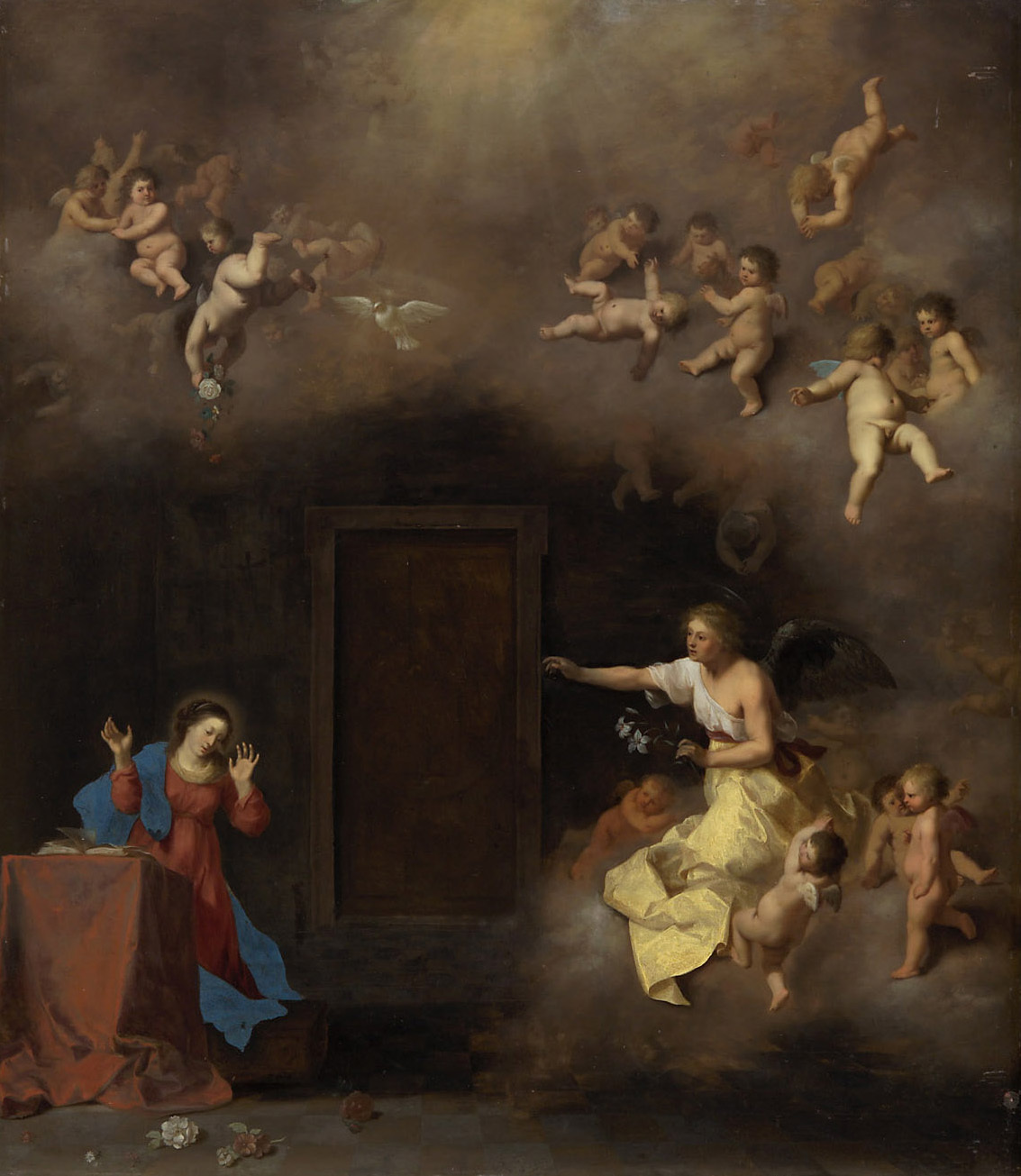 Cornelis van Poelenburgh | Verkündigung Mariae | Displayed motifs: White dove, Putto, Angel, Halo, Woman, Veil, Madonna, 